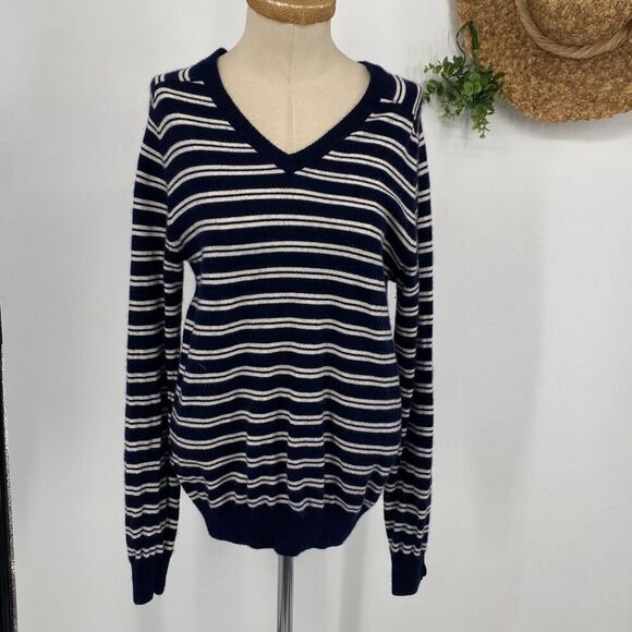 Anthropologie‎ TROVATA Montecito Cashmere Cotton Stripe Sweater Cream/Navy Sz M - Picture 2 of 11